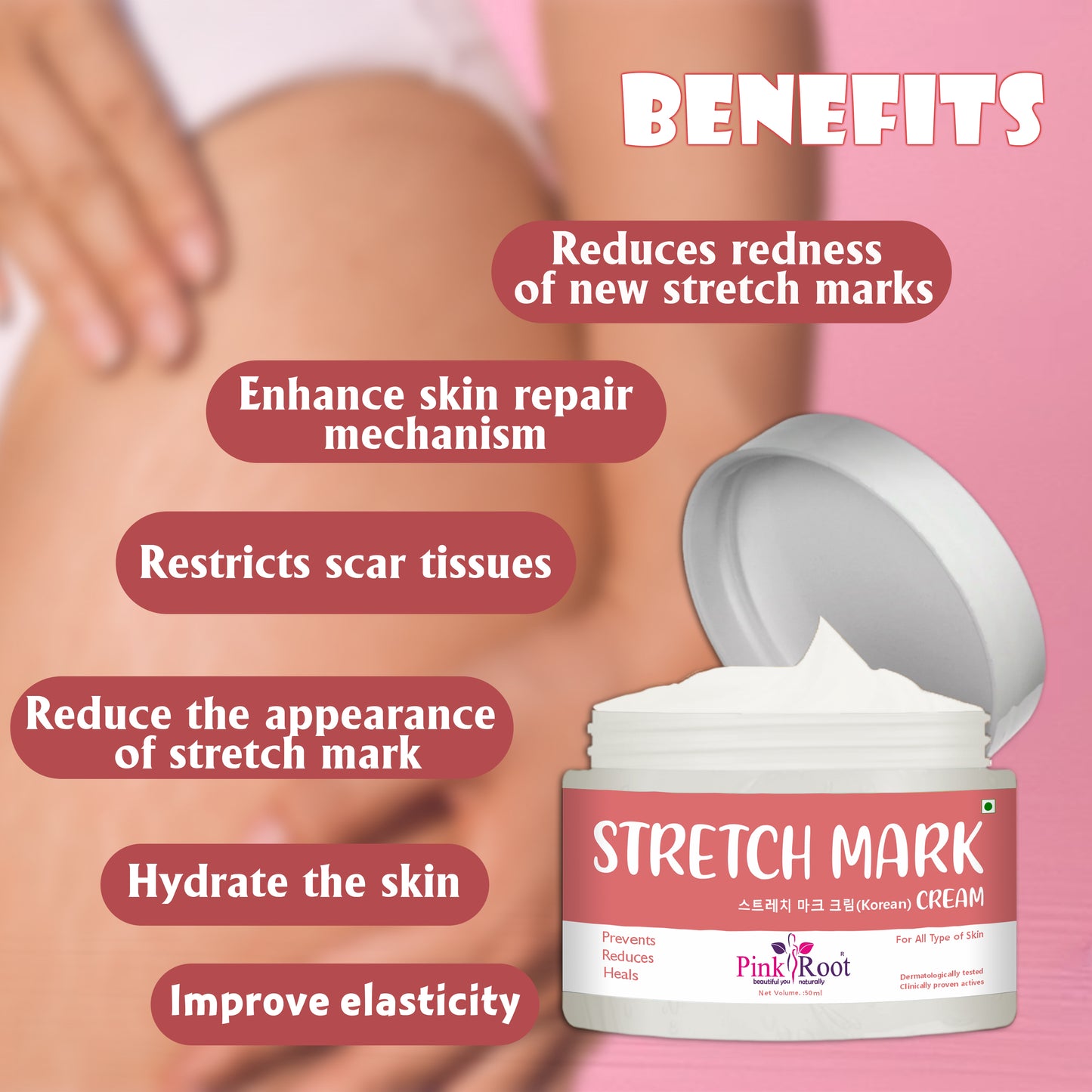 Bye Bye  Stretch Marks Cream- Pink Root  50ml ,Get Smoother Skin in 28 Days With Pink Root Stretch Mark Cream