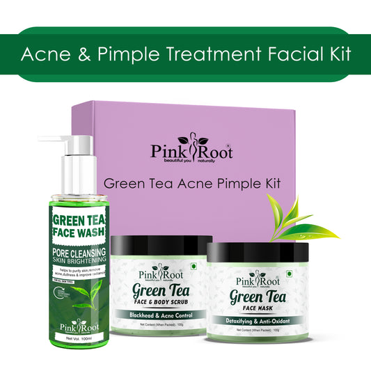 Pink Root Green Tea Acne & Pimple Removing Kit 300ml, helps in removing acnes, pimples, controls excess oil on skin and gives flawless skin