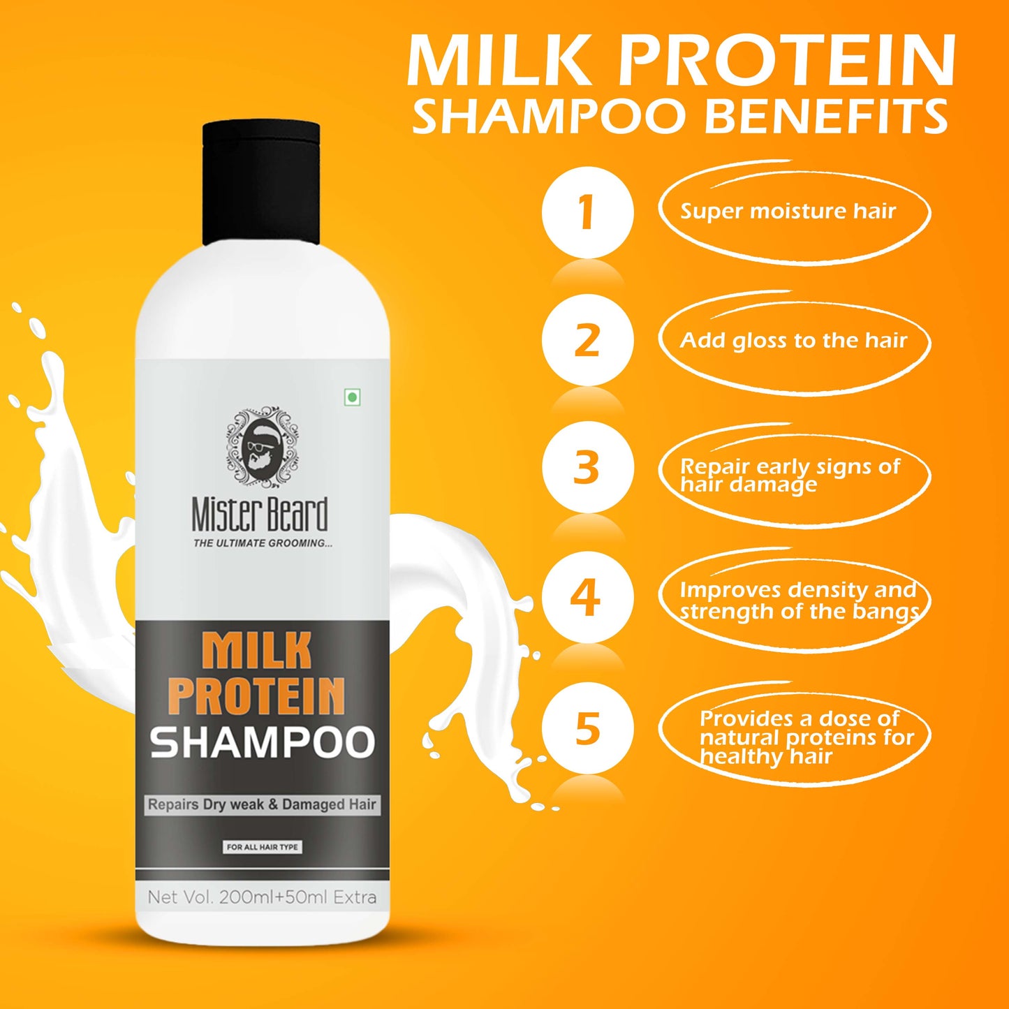 Mister Beard Milk Protein Shampoo (250ml) with Wheat & Milk Proteins | Long, Strong, Silky, Moisturizing hair Shampoo