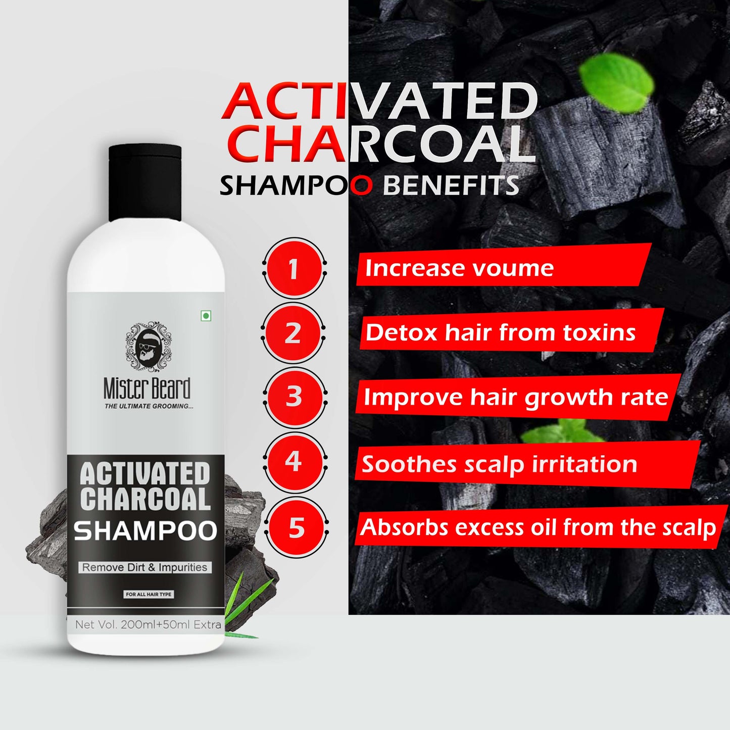 Mister Beard Activated Charcoal Shampoo 250ml - for Cleansing Hair, Removes Dirt, Anti Hair Fall, Hair Growth