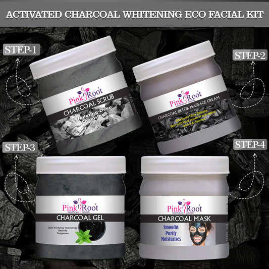 Pink Root Charcoal Eco Facial Kit , 500gm Pack of 4, for Anti Acne, Detox Skin, Tan Removal, Dead Skin Removal, Nourishing & Moisturising Skin