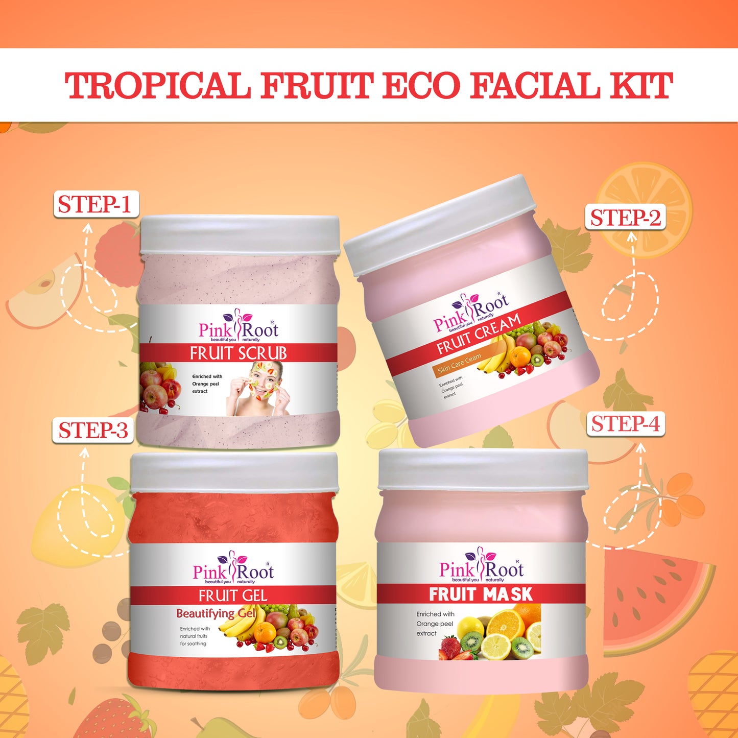 Pink Root Fruit Eco Facial Kit , 500gm Pack of 4, For Glowing Skin,Tan Removal, Whitening, Depigmentation, Oil Control, Acne & Fairness